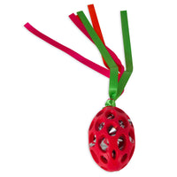 Introducing the JW Cataction Football Streamer Cat Toy by Jw: a red egg-shaped toy with holes and a silver interior, featuring pink, red, and green ribbons for endless feline fun and exercise.
