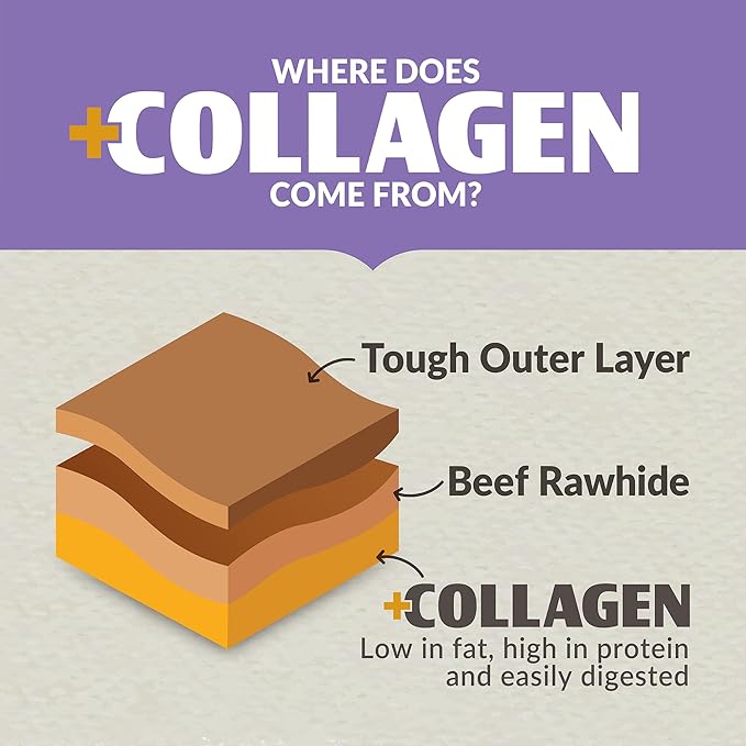 Illustration shows where collagen in Wild Eats Duck Flavor Collagen Long Lasting Dog Chew Sticks comes from: tough outer layer, beef rawhide, and collagen—making treats that are low in fat, high in protein, and easily digested.