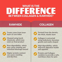 Infographic: Compare dog chews. Rawhide—inner cow skin, harsh chemicals, poor digestibility, choking risk. Collagen—like Wild Eats Salmon Flavor Collagen Chew Sticks: highly digestible, nutritious, safely extracted, safer for pets.